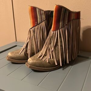 Blazin Roxx Tan Fringe Boots with Orange & Multicolor Textile